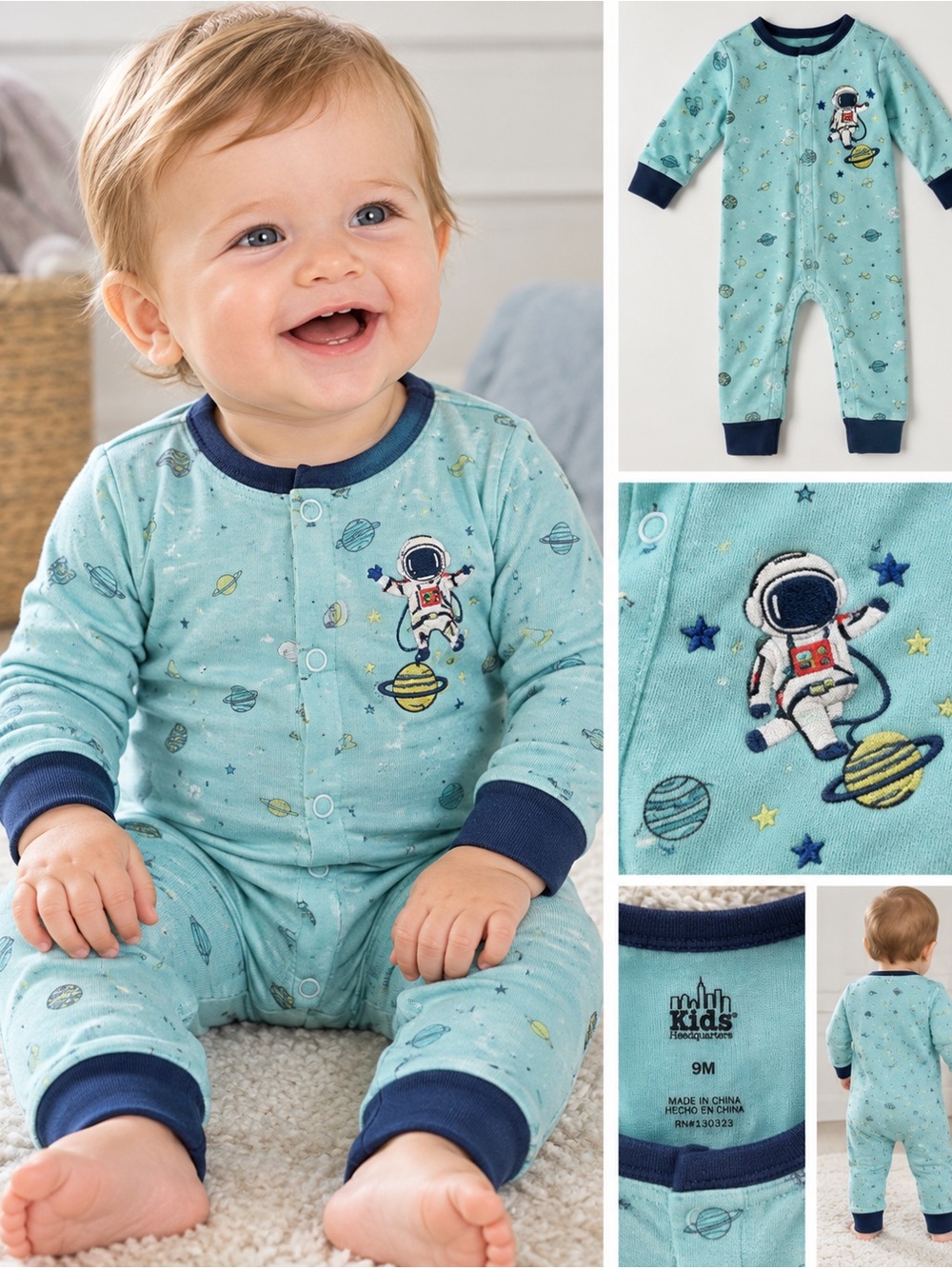 Kids Headquarters Baby Astronaut Space Pajamas One Piece 9M Blue